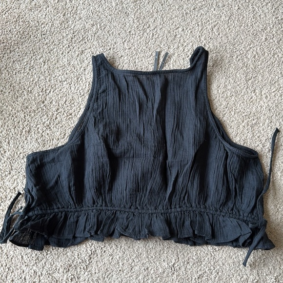 By Anthropologie Smocked Tie Waist Crop Gauzy Cotton Tank Top Faded Black - Picture 2 of 7